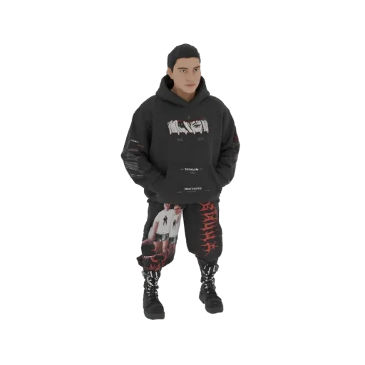 3D модель персонажа в темном streetwear наряде: худи с принтом, штаны, ботинки.