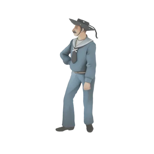 3D модель моряка в синей форме и широкополой шляпе, стоящего с рукой на бедре.