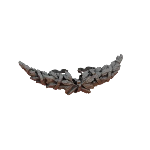 Рендер 3D модели серого лаврового венка с детализированными листьями и лентами на черном фоне.