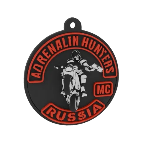 3D модель эмблемы MC "Adrenalin Hunters" с байкером и русским текстом.