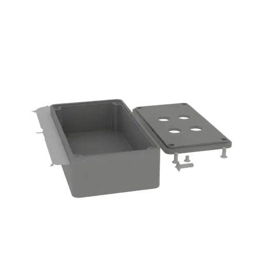 3D модель серого прямоугольного корпуса для проекта с отделенной крышкой, показывающая внутреннюю часть основания.
