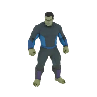 3D модель персонажа Халка в темно-сером и синем спортивном костюме, стоящего со сжатыми кулаками.