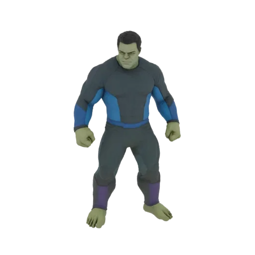 3D модель персонажа Халка в темно-сером и синем спортивном костюме, стоящего со сжатыми кулаками.