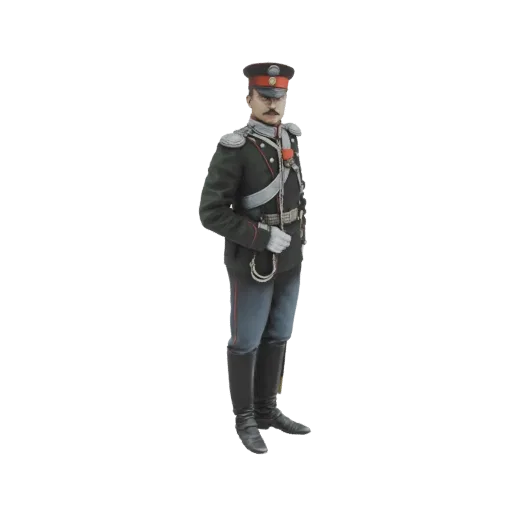 3D модель русского гусара-офицера XIX века в мундире, стоящего по стойке смирно.