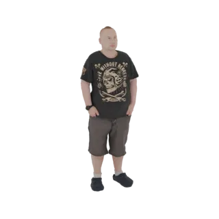 3D-модель мужчины в черной футболке с принтом черепа и серых шортах, стоящего в непринужденной позе.