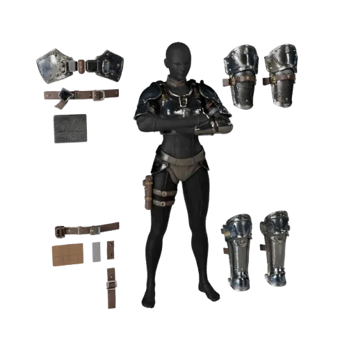 3D-модель Sci Fi Shin Guard, вид спереди три четверти, вьюпорт Unreal Engine, показывающий металлические пластины, детали фор