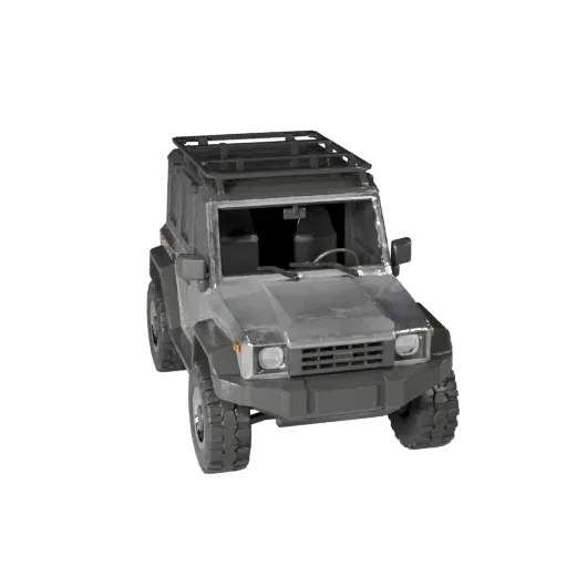 Низкополигональная 3D-модель компактного внедорожника, вид из игрового окна в три четверти, низкополигональный актив транспор