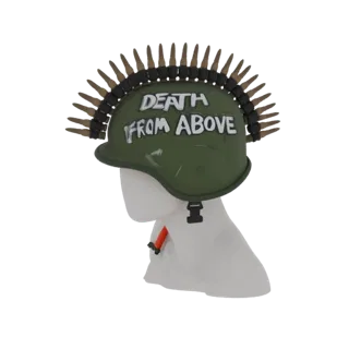 3D модель зеленого военного шлема с надписью 'DEATH FROM ABOVE' и патронной лентой.