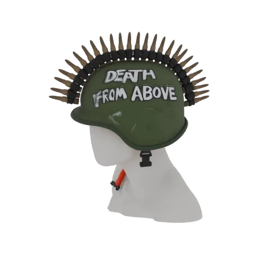 3D модель зеленого военного шлема с надписью 'DEATH FROM ABOVE' и патронной лентой.