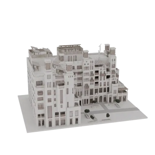 3D модель традиционного арабского здания с внутренним двором, демонстрирующая замысловатые балконы, арочные окна и центральны