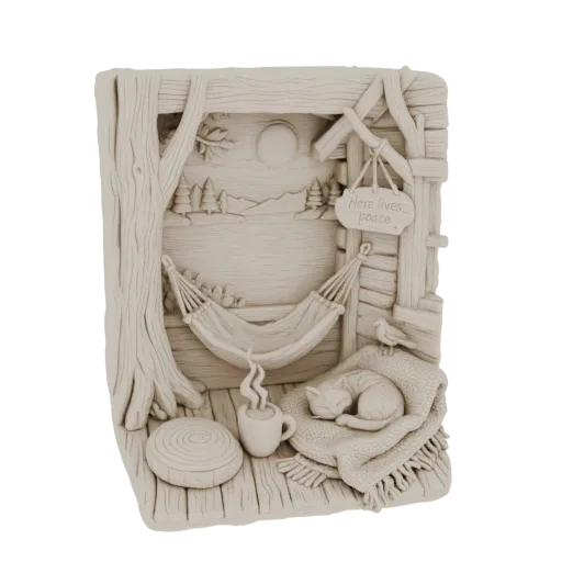 3D модель уютной сцены в хижине со спящим котом на одеяле, гамаком, дымящейся кружкой и видом на озеро.