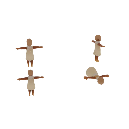 3D-рендер, показывающий стилизованную фигурку ребенка в T-pose и другую, лежащую, на черном фоне.