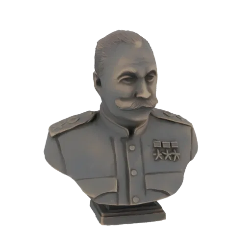 Рендер 3D модели бронзового бюста исторического генерала с большими усами и военными медалями на форме.