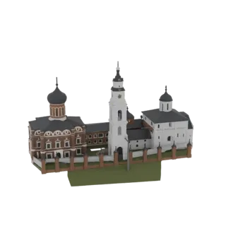 3D модель православного монастыря с белой колокольней, коричнево-белыми главными зданиями и темными куполами на белом фоне.