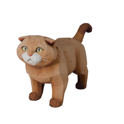 Низкополигональная 3D-модель шотландской вислоухой кошки, вид сбоку в игровом ракурсе, низкополигональный ассет животного с ч