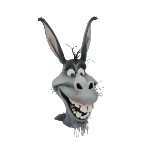 3D модель головы мультяшного осла с широкой улыбкой и большими ушами на белом фоне.