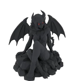 3D model of a dark succubus with bat wings sitting on rocks, featuring glowing red eyes and detailed gothic attire.