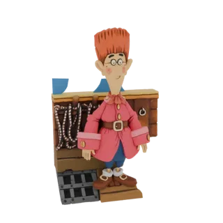 3D-модель причудливого персонажа-моряка с рыжими волосами и очками, в розовом пальто, стоящего на диораме палубы корабля.