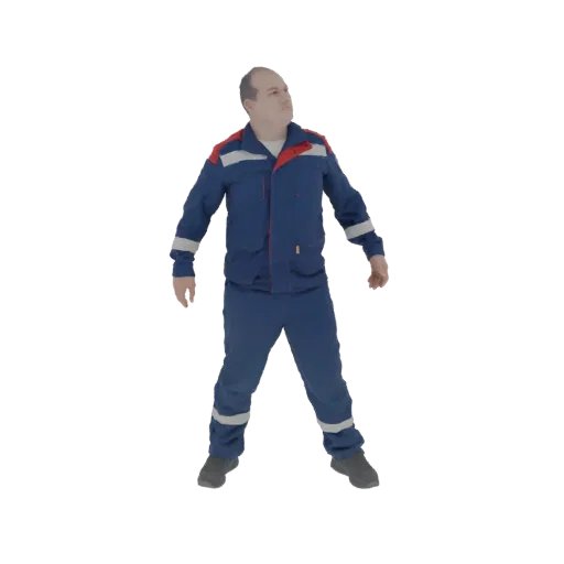 3D модель мужчины в синем рабочем комбинезоне с красно-белыми акцентами, стоящего в нейтральной позе и смотрящего вверх.