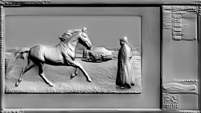 3D модель барельефа "Встреча у юрты" с лошадью, всадником и юртой, выполненная в стиле барельефа.