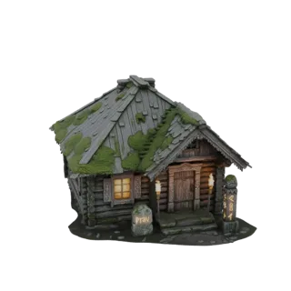3D модель древней славянской избы с мшистой крышей, светящимися фонарями и камнем рун спереди.