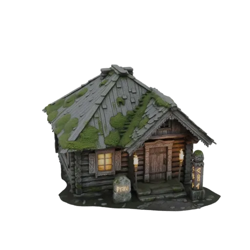 3D модель древней славянской избы с мшистой крышей, светящимися фонарями и камнем рун спереди.