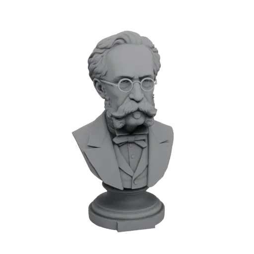 Рендер 3D-модели серого бюста викторианского джентльмена в очках и с галстуком-бабочкой на декоративном основании.