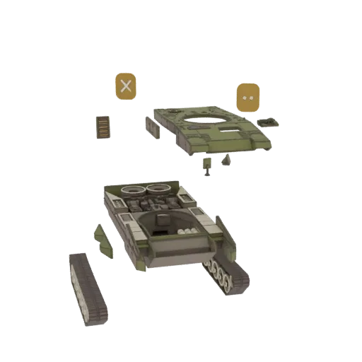 3D модель военного танка в разрезе, с разделенными компонентами.