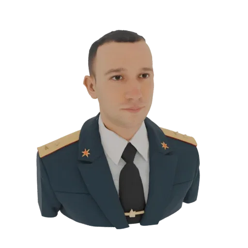 3D модель бюста военного офицера в темно-синей форме с золотыми эполетами и красными знаками отличия на белом фоне.