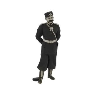 3D model of a Victorian military officer in uniform, standing with hands behind back, wearing a peaked cap and tall boots.