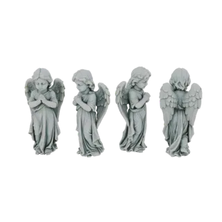Набор из четырех серо-каменных 3D моделей юных ангелов с крыльями в молитвенных позах на белом фоне.