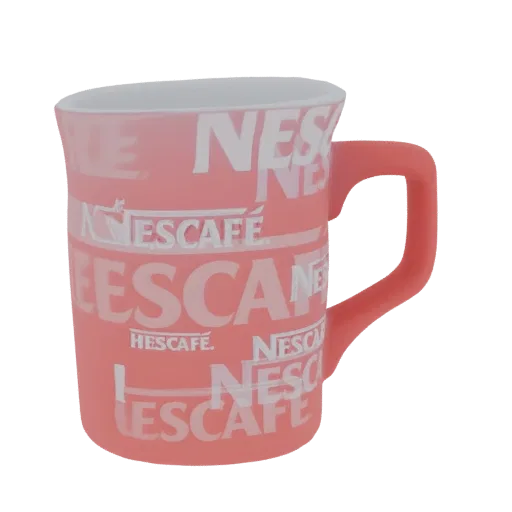 3D модель розовой кружки Nescafé с узором, белым интерьером и розовой ручкой.