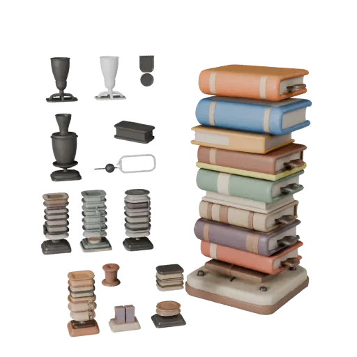 Модульная 3D-модель «Уютная стопка книг», изометрический вид модульного кита, показывающий керамические, узнаваемые повседнев