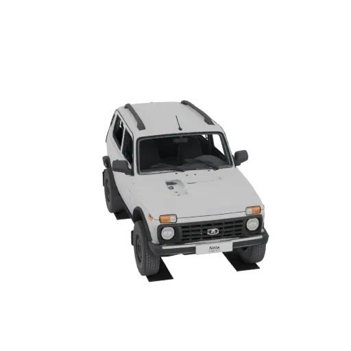 Рендер 3D модели белого внедорожника Lada Niva 4x4, вид под небольшим углом сверху, демонстрирующий детали брутального экстер