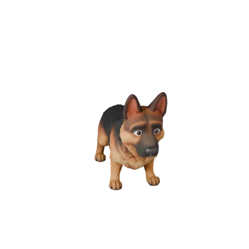 Мультяшная 3D-модель немецкой овчарки, вид сбоку, стилизованный ассет животного с направлением шерсти, объемом груди, структу