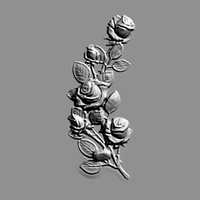 3D модель барельефа с композицией из роз, выполненная в виде металлического декора, с высокой детализацией лепестков и листье