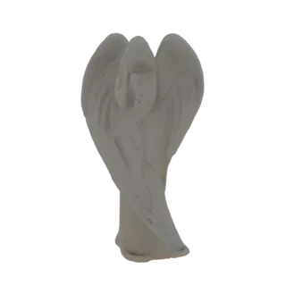 Минималистичная 3D модель ангела с гладкими, плавными линиями и мягко сложенными крыльями, представленная на белом фоне.
