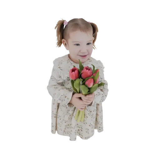 3D модель улыбающейся девочки с косичками и букетом красных тюльпанов в цветочном платье.