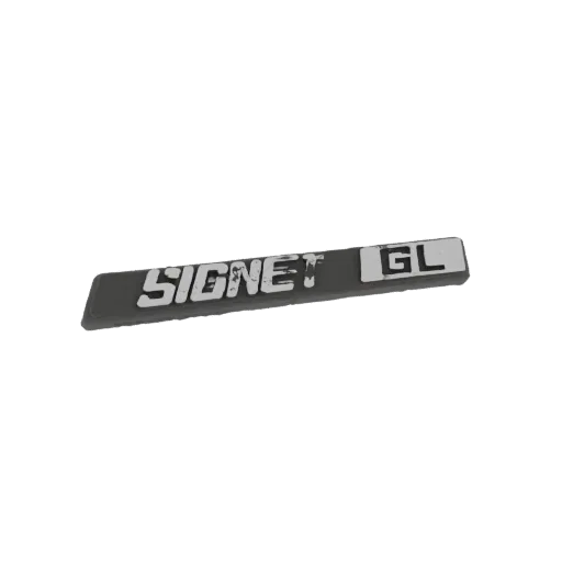 Рендер 3D модели автомобильной эмблемы 'Signet GL' с потертым текстом 'SIGNET' и чистым текстом 'GL'