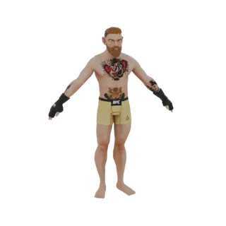 3D модель мужчины-бойца ММА с татуировками и желтыми шортами UFC, стоящего в нейтральной позе.