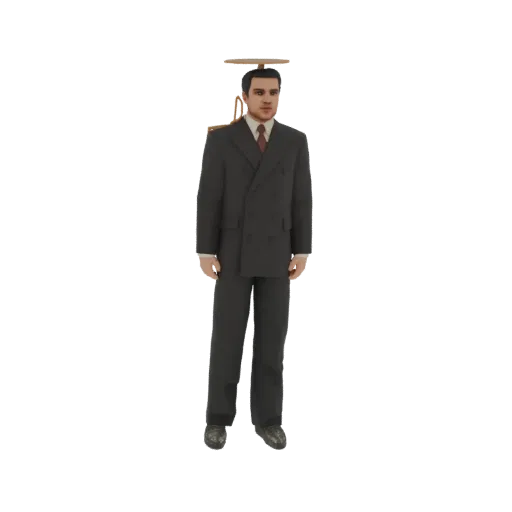3D модель винтажного бизнесмена в темном костюме и галстуке, в шляпе-пропеллере, на белом фоне.