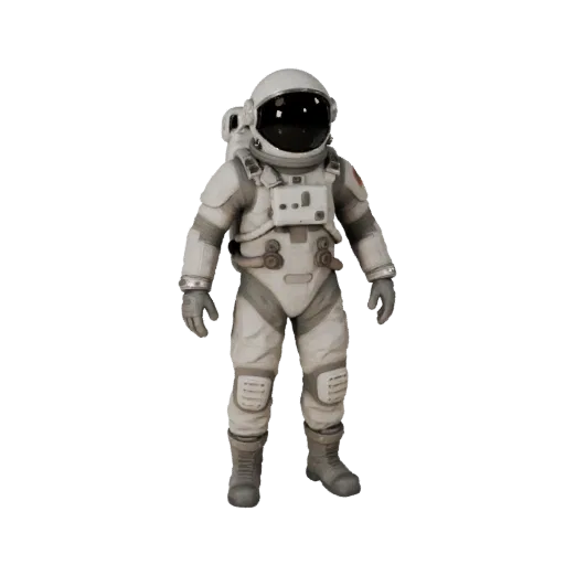3D модель Костюм астронавта, вид три четверти спереди, вьюпорт Unity, с подсвеченными полосами, четкий силуэт объекта.