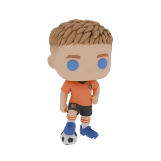 3D модель футболиста в стиле Funko Pop, в оранжевой футболке и синих бутсах, с футбольным мячом у ног.