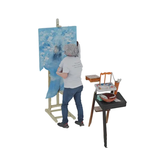 3D модель миниатюрного художника с кудрявыми седыми волосами, рисующего синий морской пейзаж на мольберте, с подставкой рядом