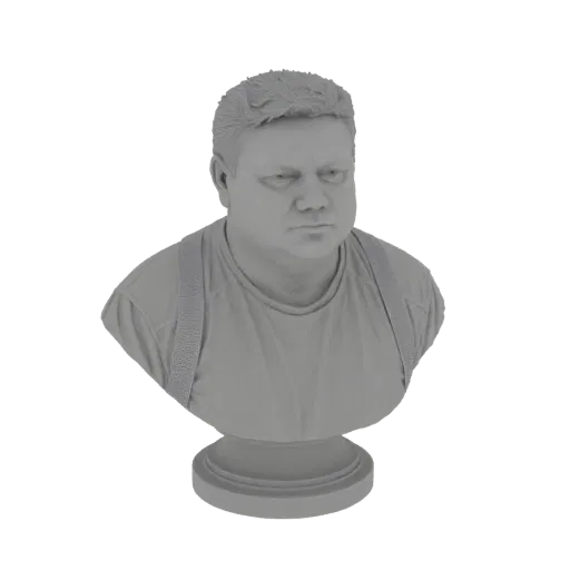 Рендер 3D модели серого бюста полного мужчины в футболке и подтяжках на круглой подставке.