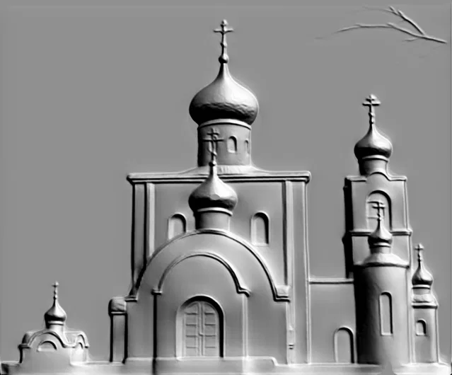 3D модель барельефа русской православной церкви с несколькими куполами и крестами на фоне серого неба