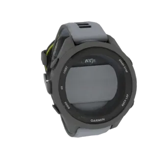 3D модель смарт-часов Garmin Forerunner 945 с серым ремешком и темно-серым корпусом, показывающая экран и кнопки.