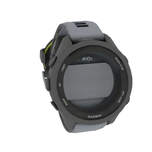 3D модель смарт-часов Garmin Forerunner 945 с серым ремешком и темно-серым корпусом, показывающая экран и кнопки.