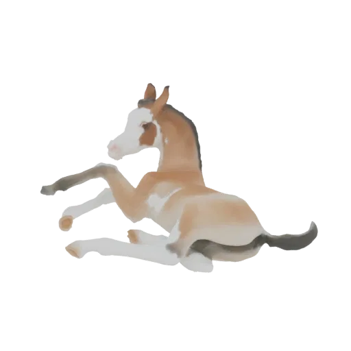 3D модель лежащего жеребенка Пейнт с коричнево-белыми пятнами, мягкой живописной текстурой.