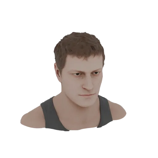 Рендер 3D модели мужчины с короткими каштановыми волосами в серой майке, смотрящего в сторону.